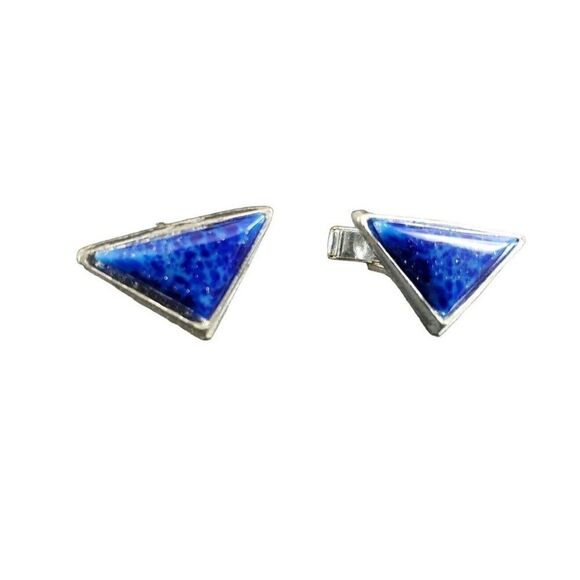 Vintage MCM Modern Blue and Silver Tone Formal Triangular Cufflinks - Picture 1 of 4